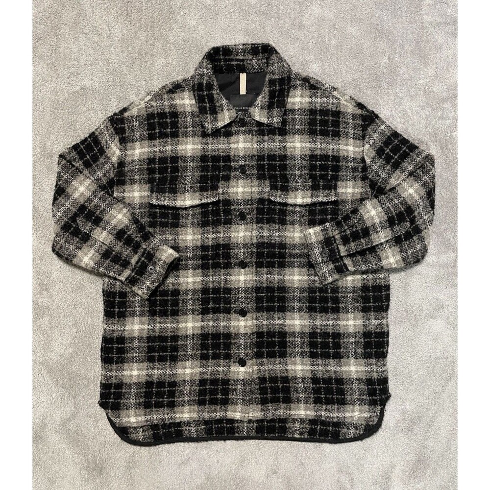 Banana Republic Men's L Plaid Flannel Button-Up Shirt Jacket Black Gray Pockets